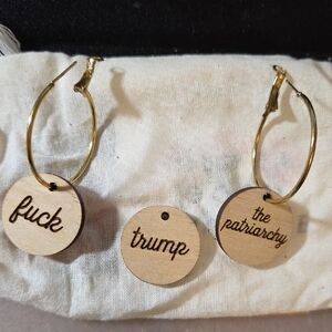 Gold Hoop Earrings with Engraved Wooden Discs